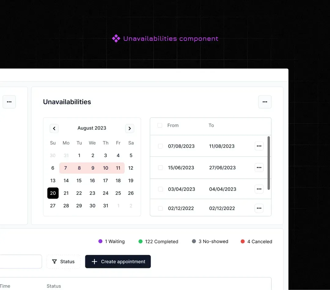Unavailabilities calendar component
