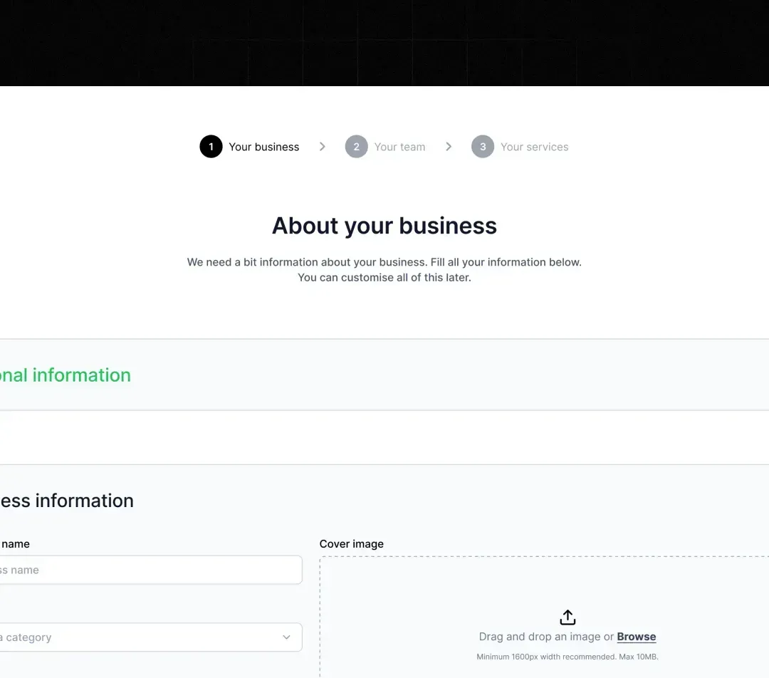 Calendora business onboarding step