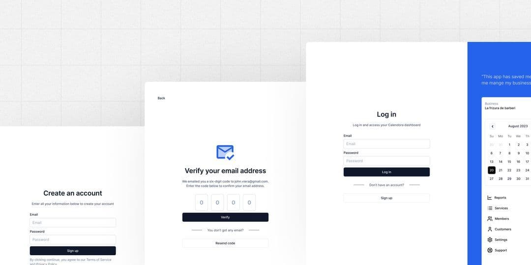 Calendora authentication screens
